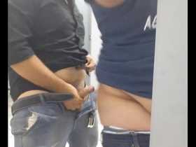 Public restroom tryst for chubby gay bears results in a steamy blowjob and cumshot