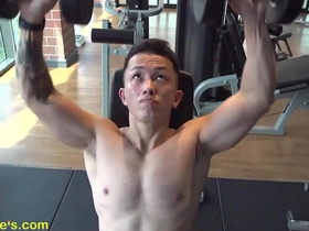 A handsome Asian man prepares himself for a fun nipples play session at the gym.