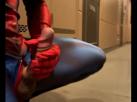 Japanese Spiderman masturbates outside and has a big cock.