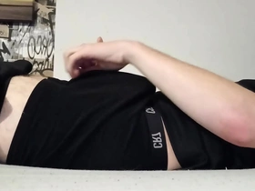 Young German gay guy in Adidas sweatpants masturbating.