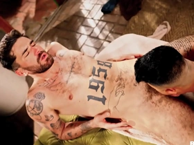 Asian stud gets his balls teased and cock sucked by French hunk in RodsRoom scene.