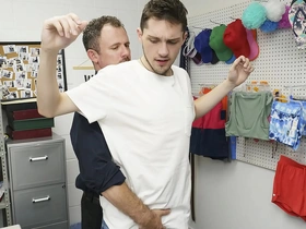 Muscular gay mall security officer confronts twink with video evidence of shoplifting.