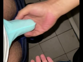 Public toilet handjob turns into a cum explosion