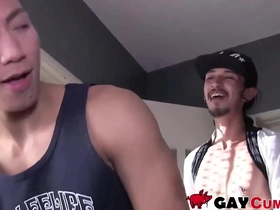 Skinny Asian man gives a good blow job to a hairy cock without any delay.