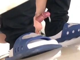 Gay Asian boy gets off in public restroom