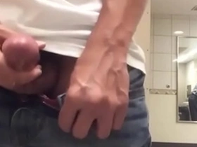 Solo boy enjoys jerking off on the toilet and finishing up with a huge cumshot.