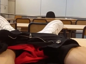 A French-Asian student in a university setting gets horny while studying and decides to have an orgasm in a rather risky manner.