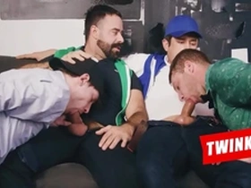 Young gay stepsons come together for taboo bareback anal sex